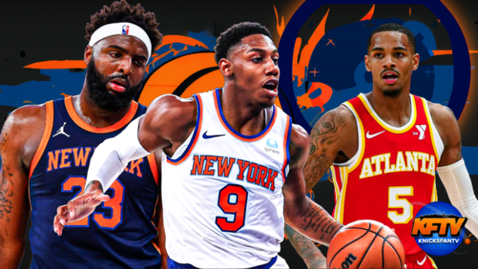 New York Knicks' Mitchell Robinson and RJ Barrett and Atlanta Hawks' Dejounte Murray